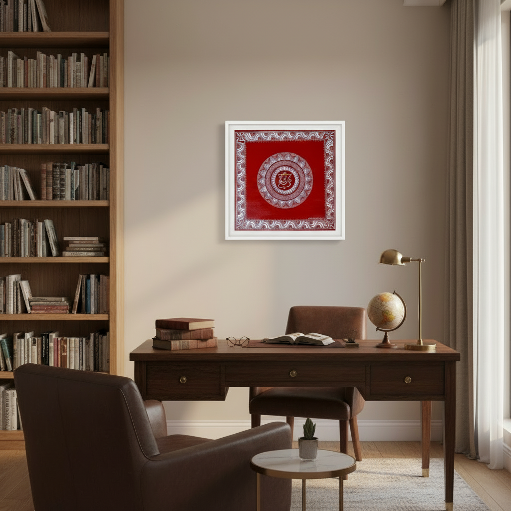 Home office with wooden desk, bookshelf, and framed red artwork.