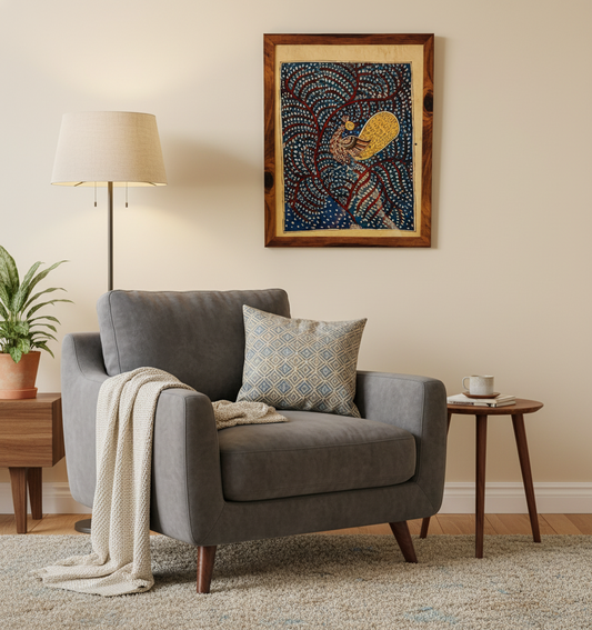 Gray armchair with a patterned pillow in a living room setting with a painting on the wall.