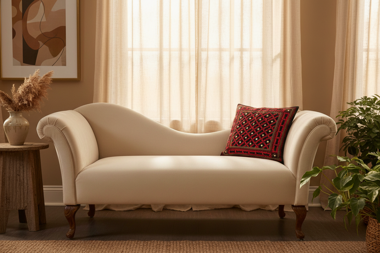Beige chaise lounge with a decorative pillow with Kutchi embroidery in a living room setting.