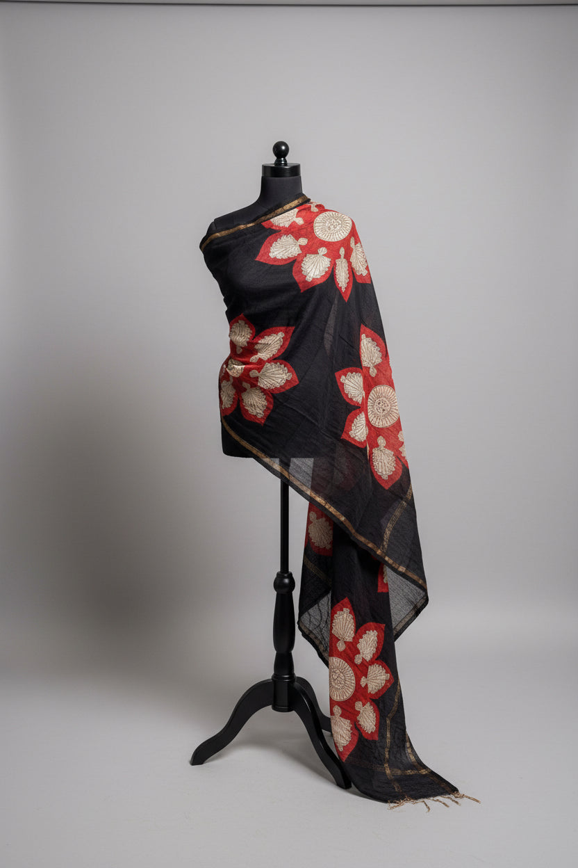 Black scarf with red floral patterns hand painted in Mata ni Pachhedi style art draped over a mannequin on a white background
