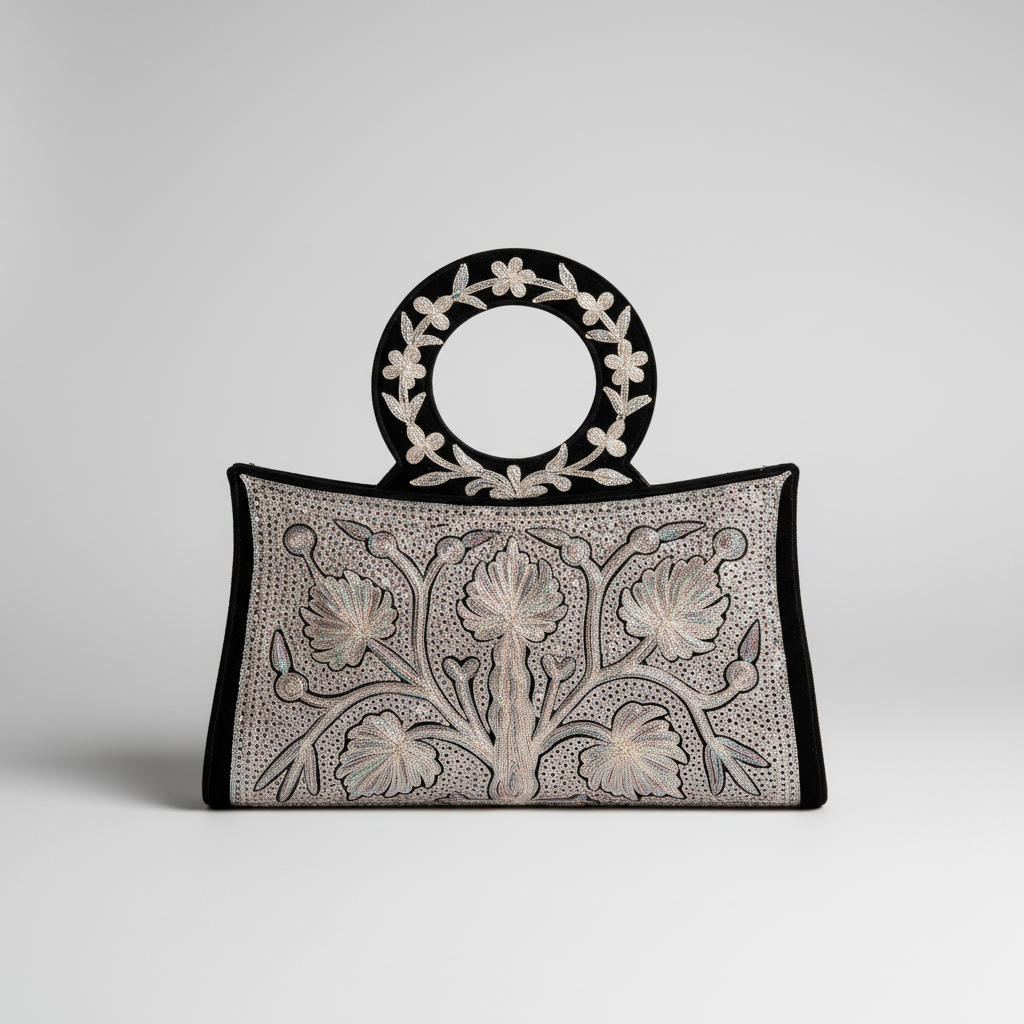 Handbag with Kashmiri floral embroidery on a light gray background