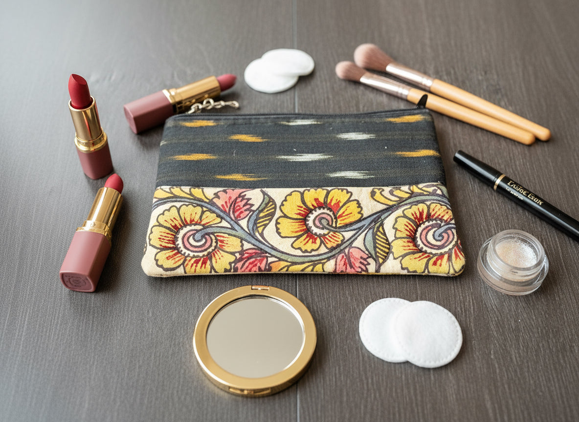 Close-up of a hand-painted makeup pouch with traditional Kalamkari art design featuring a bird and floral motifs in bright colors on a yellow background.