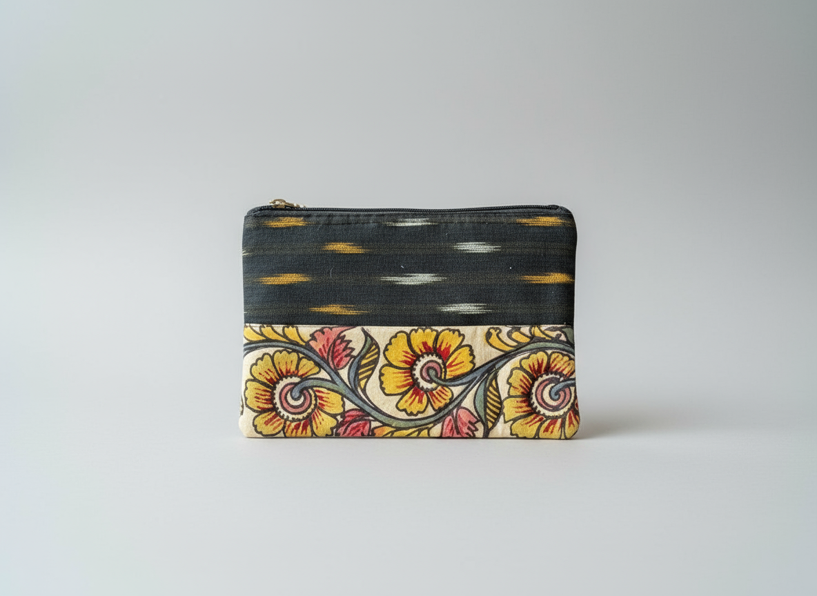 Floral patterned pouch on a plain background