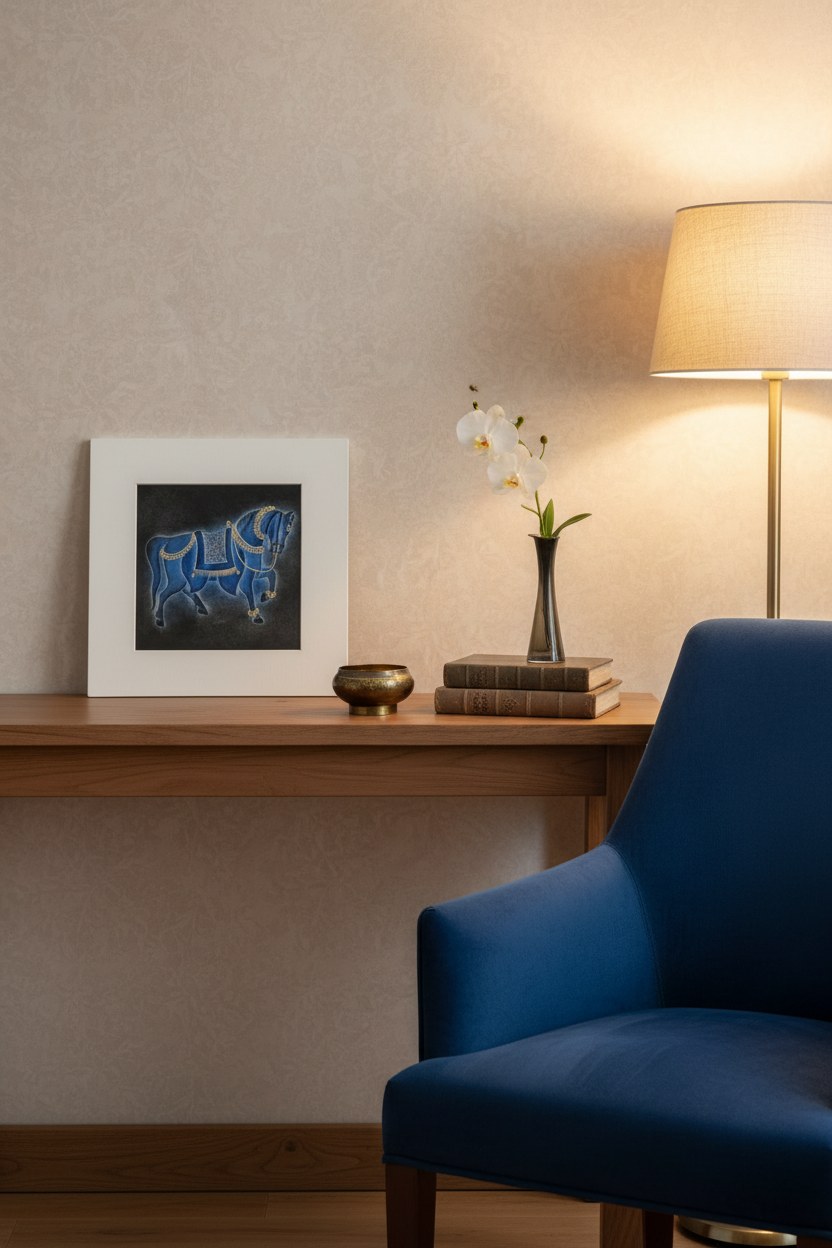 A room with blue chair, wooden shelf, and framed nail drawn artwork.