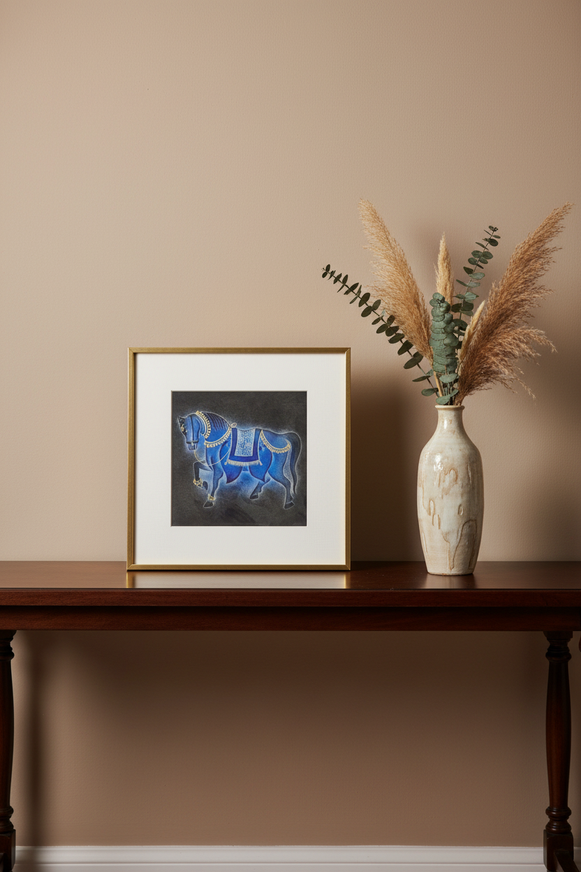 Framed nail drawn artwork on a wooden table with a vase of dried plants against a beige wall.