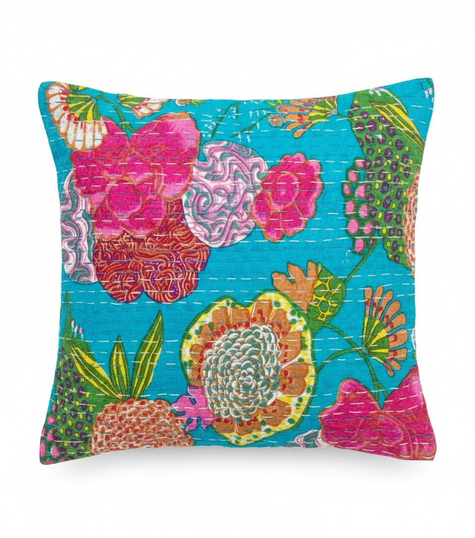 Colorful floral patterned fabric on a dark surface