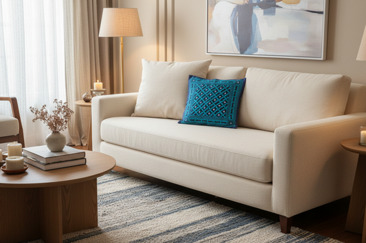 Beige sofa with a blue pillow with Kutchi embroidery in a living room setting