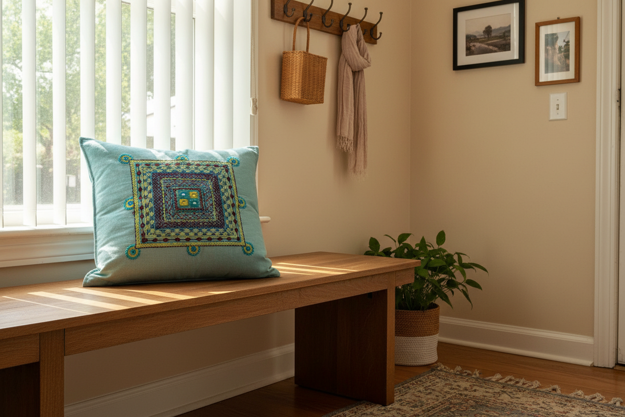 Wooden bench with a decorative cushion cover with Lambani work embroidery next to a window in a home interior.