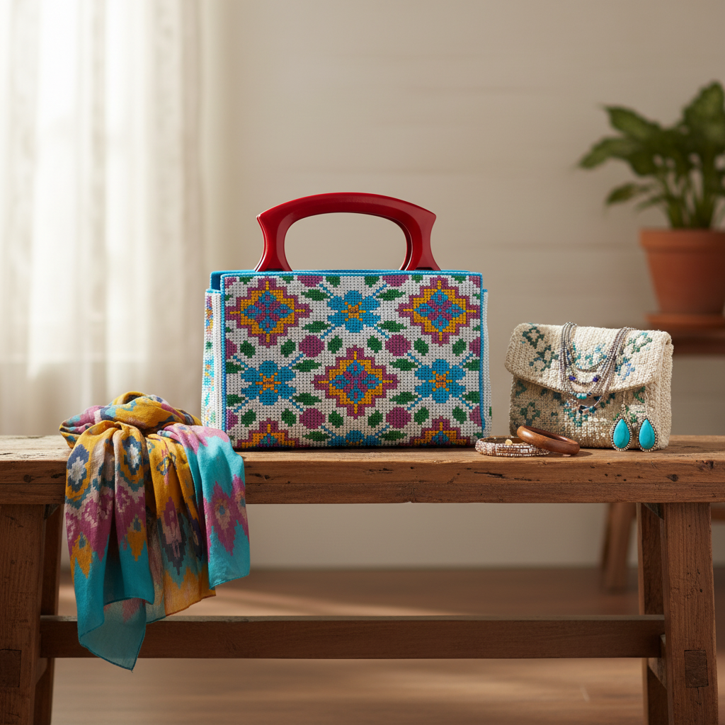 Colorful handbag with geometric pattern on a wooden table, surrounded by accessories.