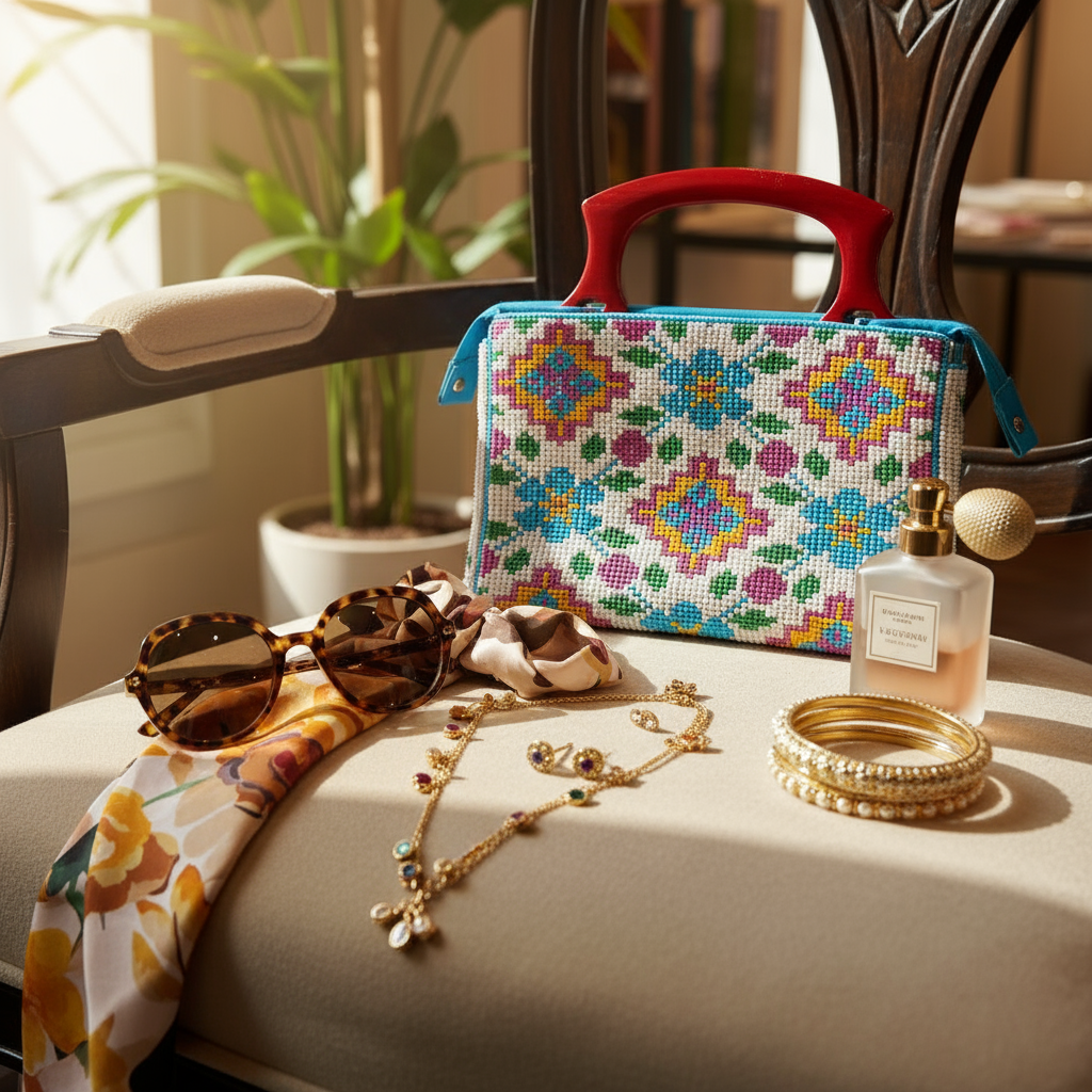Colorful patterned pouch with sunglasses, jewelry, and a bottle on a chair
