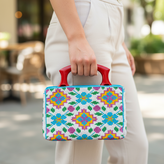 Person holding a colorful patterned handbag with red handles outdoors.