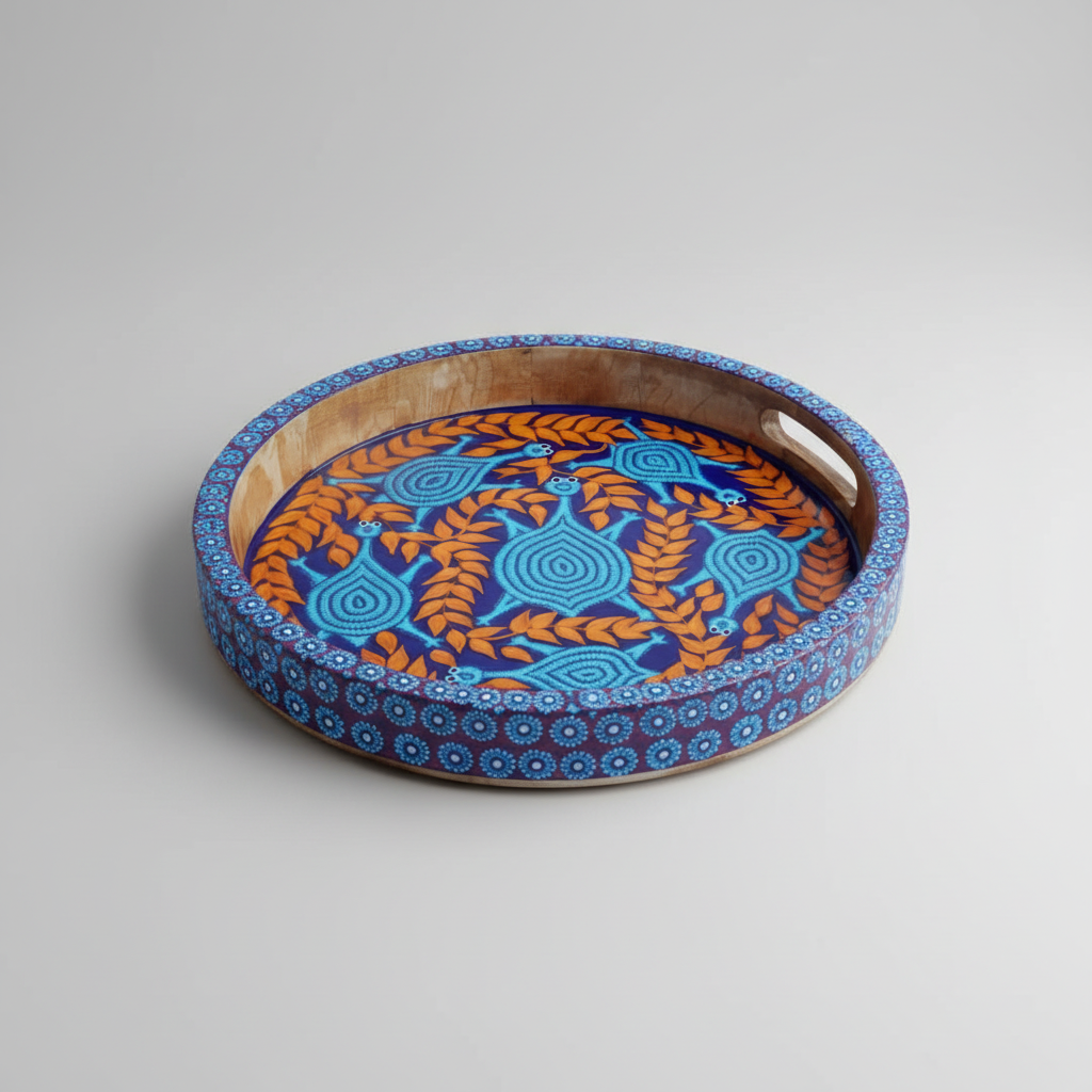 Decorative tray with blue and orange patterns on a gray background