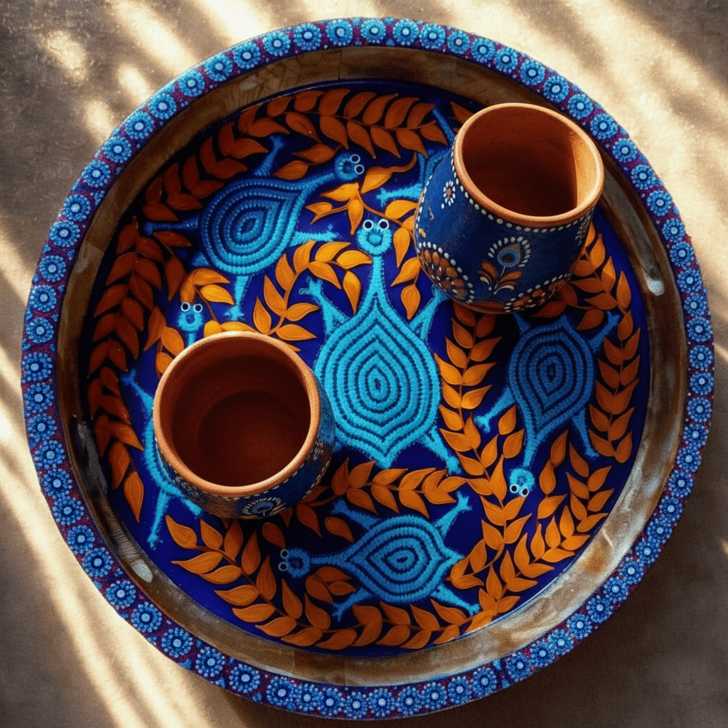 Decorative tray with blue and orange patterns and two ceramic cups on a textured surface.