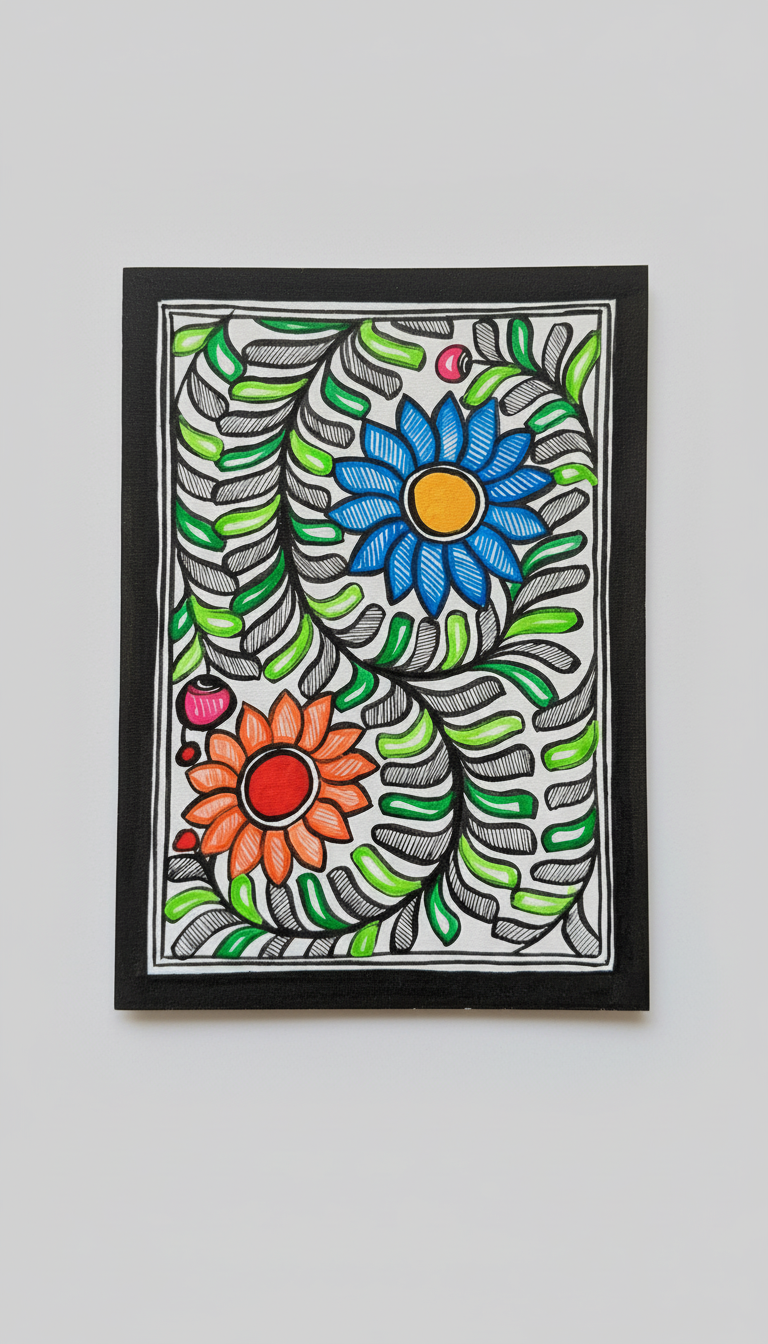 Framed artwork with colorful floral design on a gray background