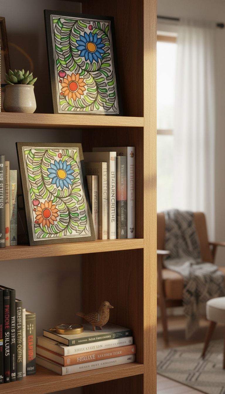 Wooden bookshelf with books and framed artwork in a room setting