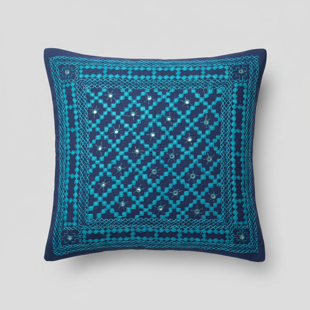 Decorative pillow with blue geometric Kutchi embroidery pattern on a light gray background