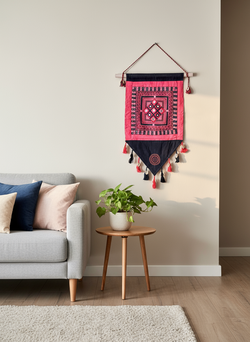 Decorative wall hanging above a small round table with a plant in a living room setting.