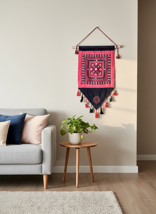 Decorative wall hanging above a small round table with a plant in a living room setting.