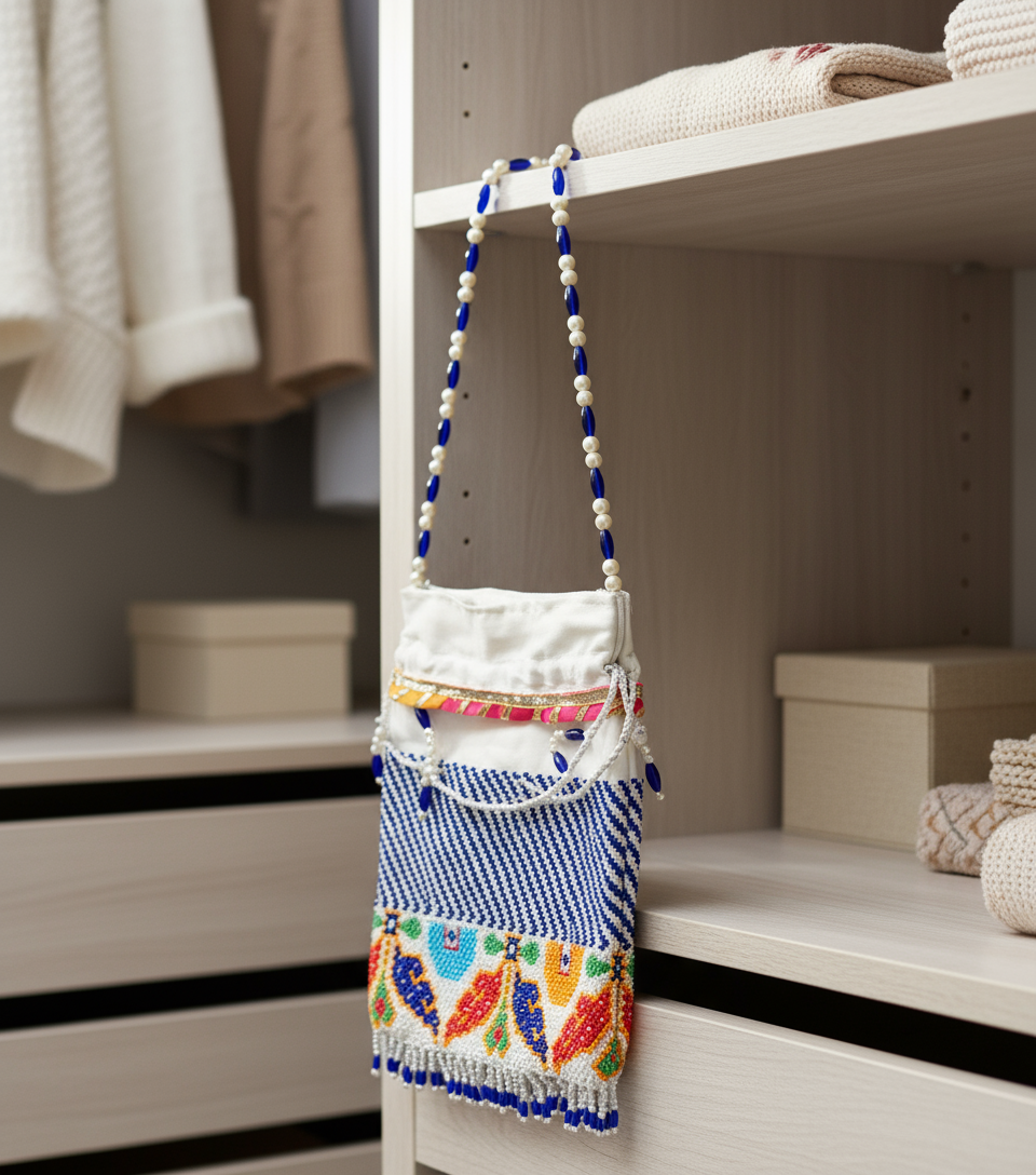 Decorative bag with colorful patterns hanging on a shelf in a room.