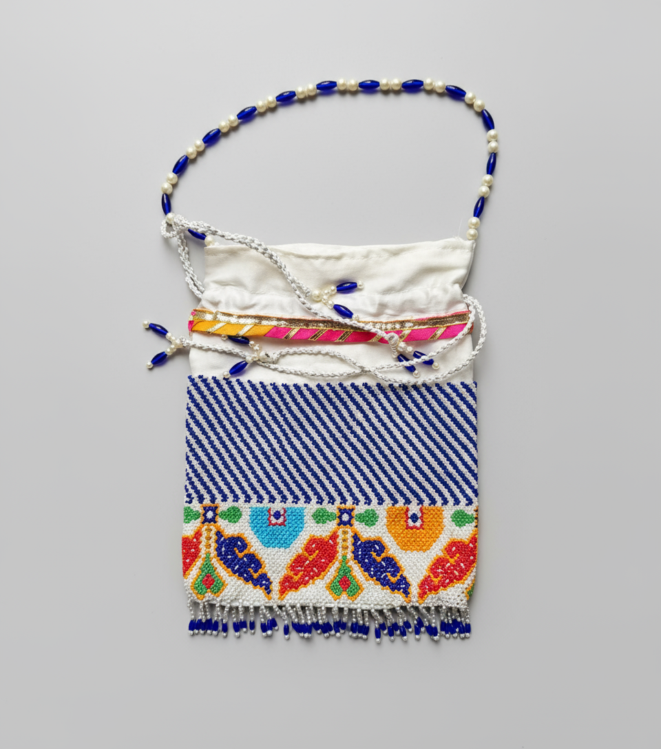 Handmade beaded bag with colorful patterns on a gray background