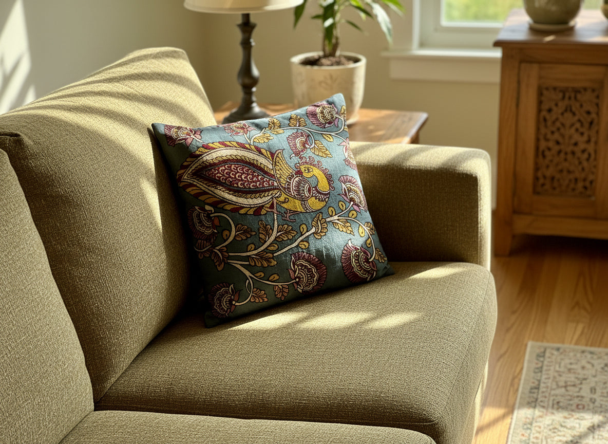 Decorative pillow on a table with embroidered fabric.