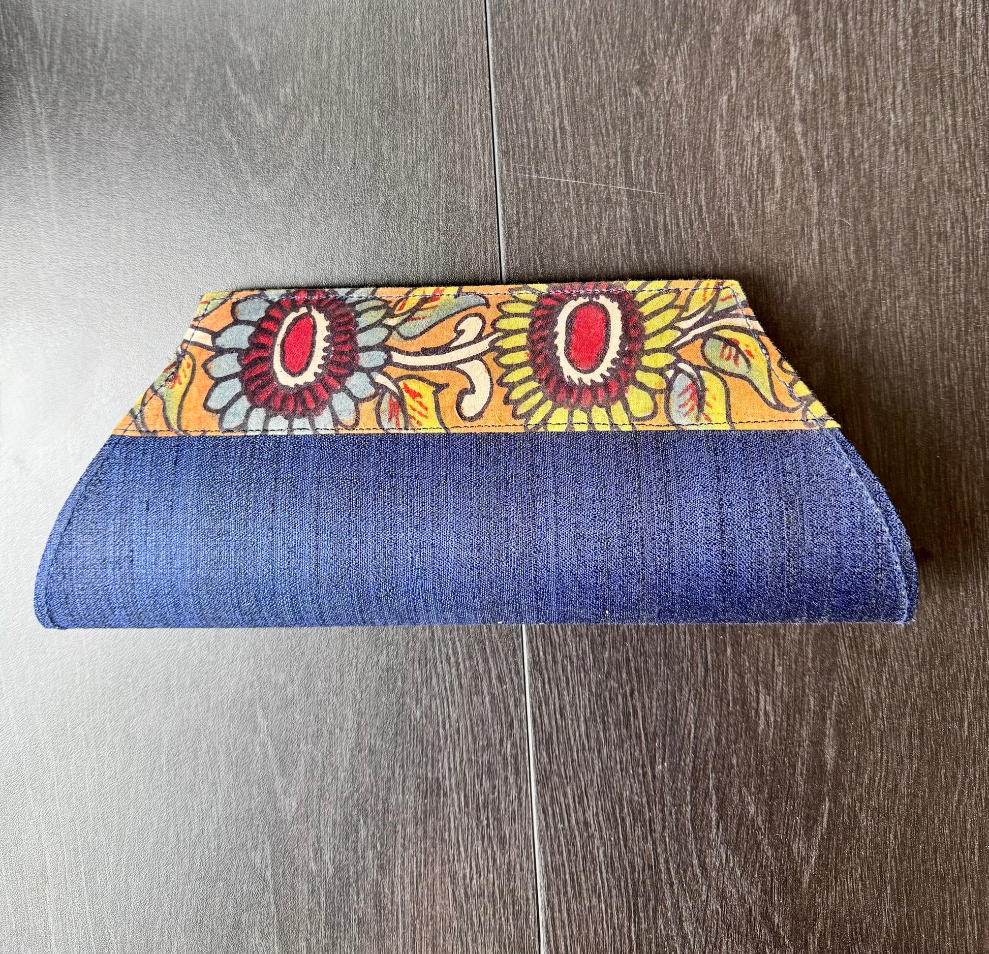 Blue raw silk clutch bag with hand painted Kalamkari pattern