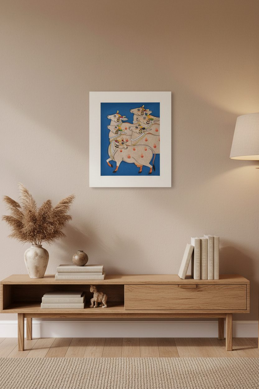 Wooden shelf with decorative items against a beige wall with a framed Pichwai painting of cows against a blue background 