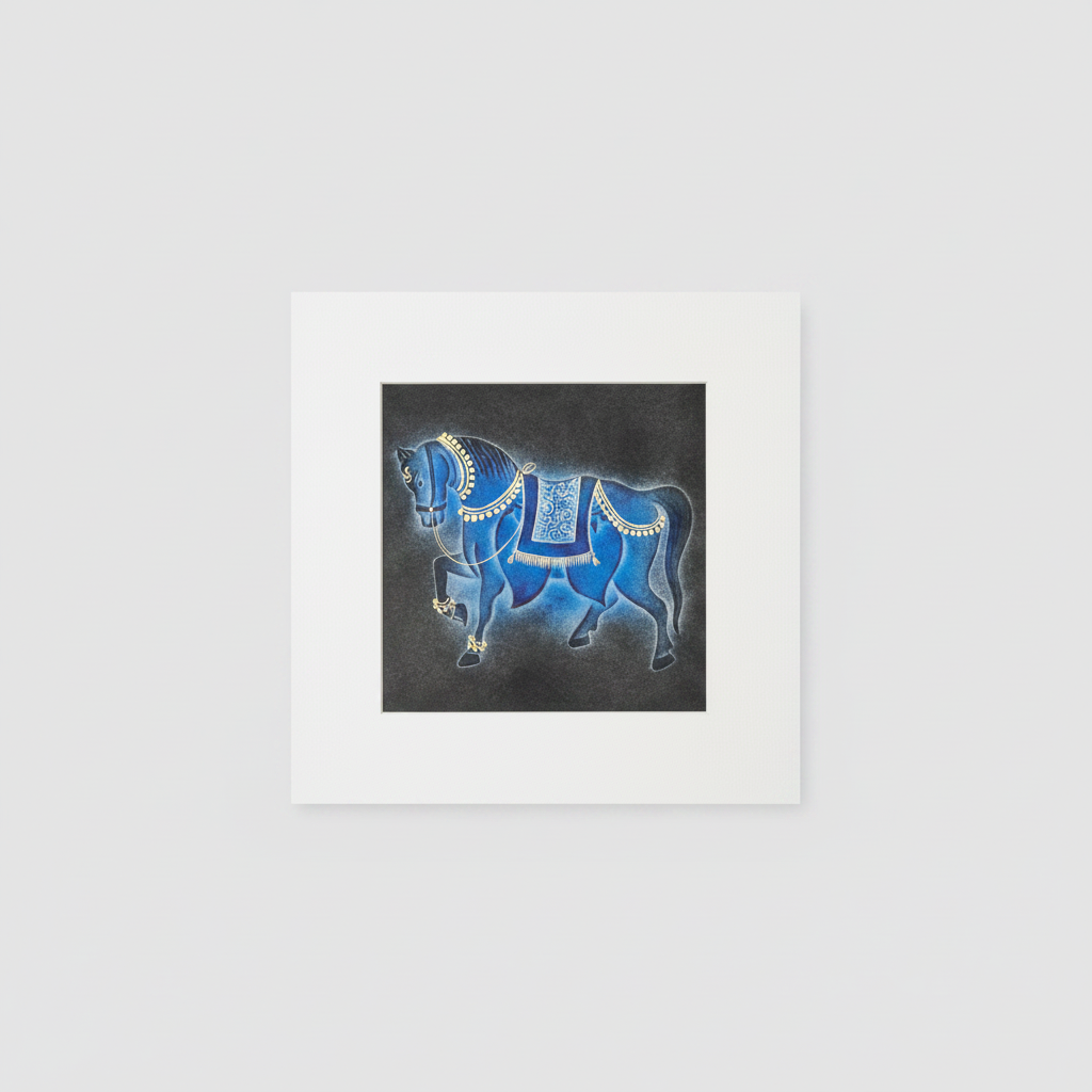 Blue horse nail drawn artwork on a black background with a white border
