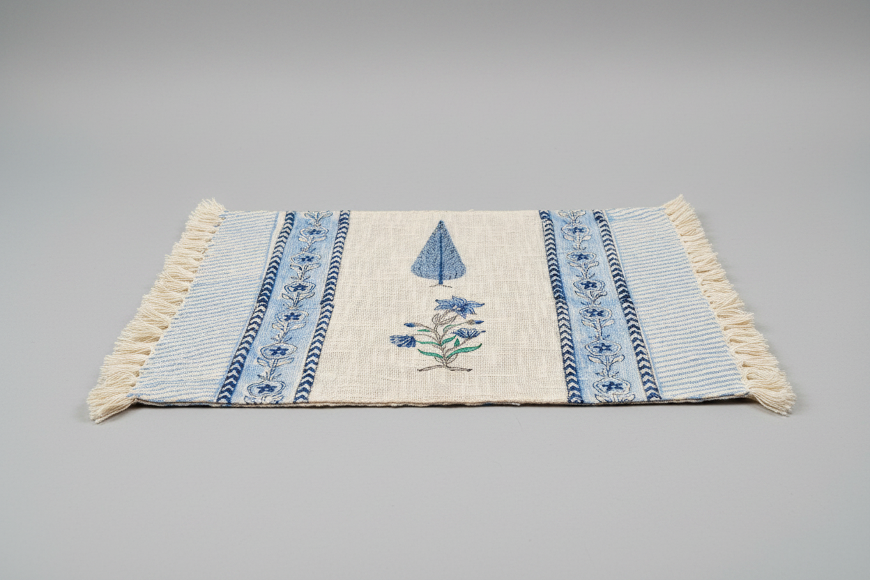 Textile with floral hand block print on a gray background