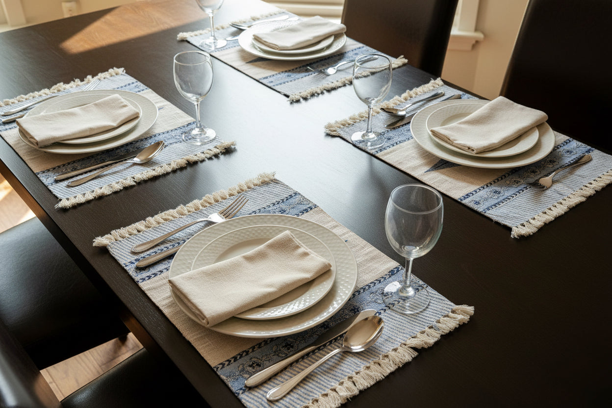 Dining table set with plates, glasses, and cutlery on blue leaf hand block printed placemats.