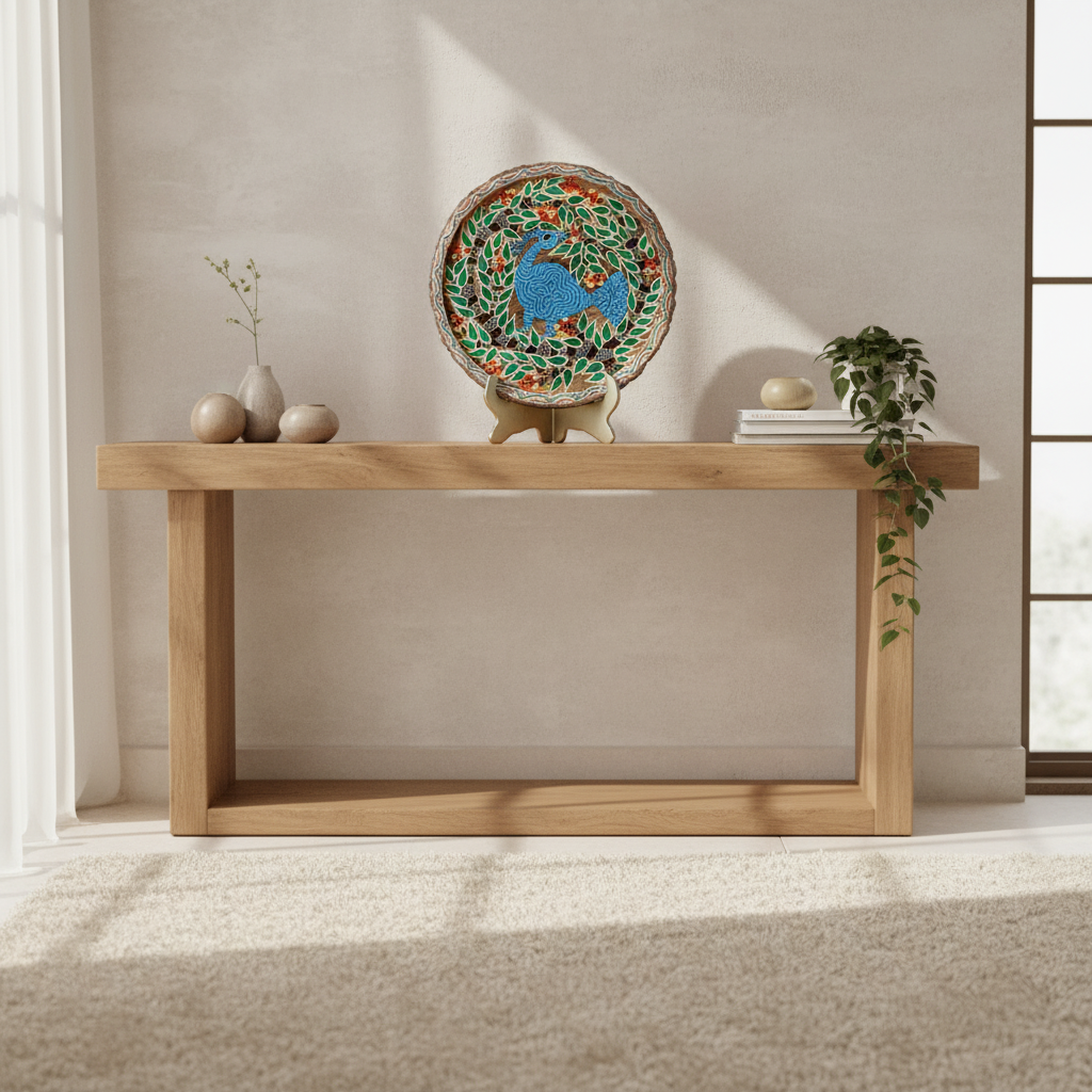 Wooden console table with decorative items against a beige wall