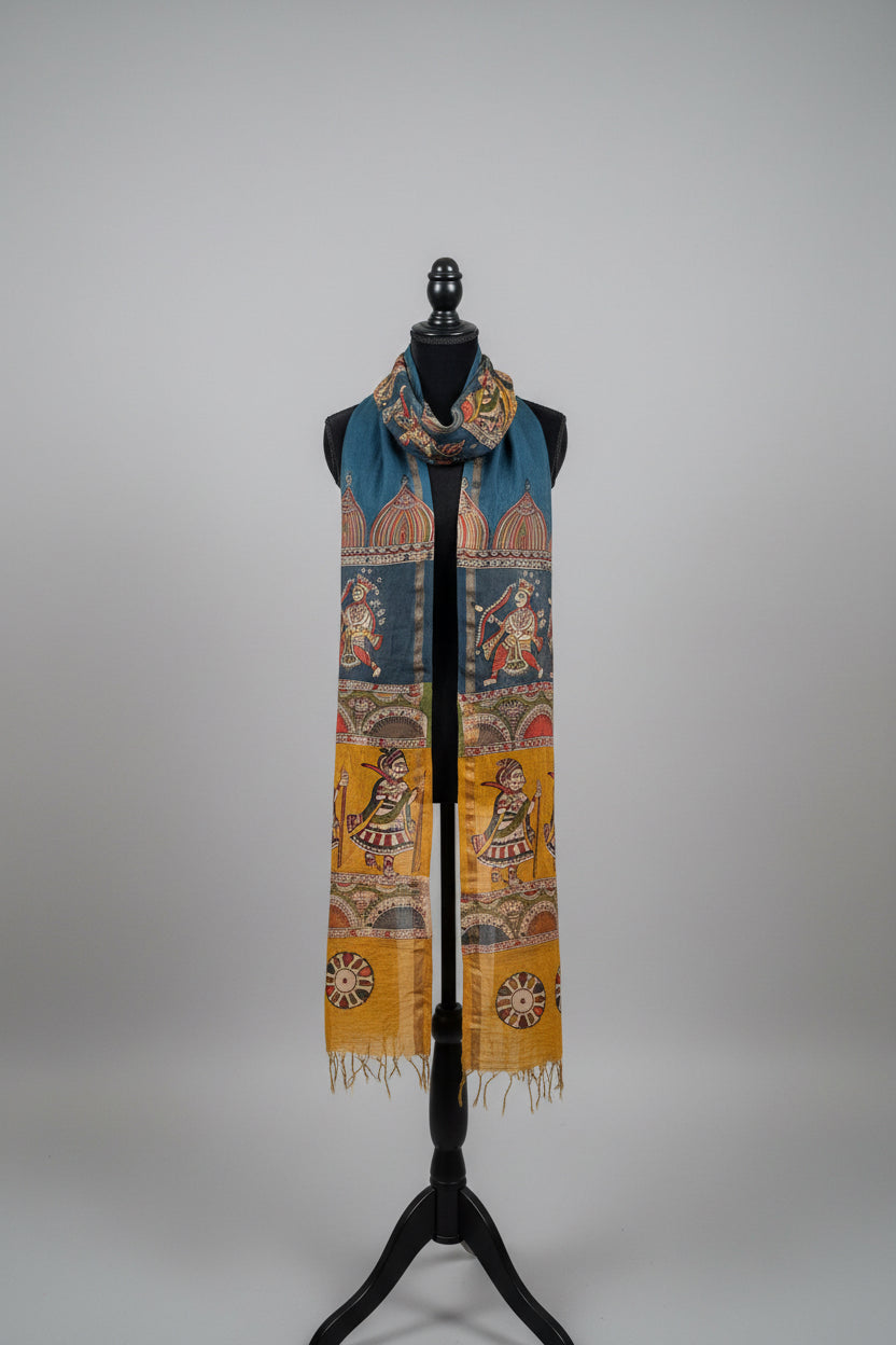 Colorful Mata ni Pachhedi art hand painted on cotton chanderi stole/scarf on a mannequin against a gray background