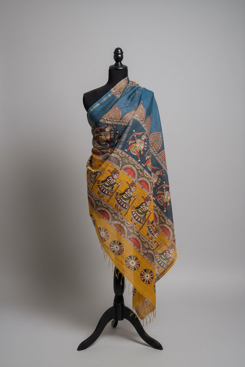 Colorful patterned Mata ni Pachhedi art hand painted stole/scarf draped over a mannequin on a gray background