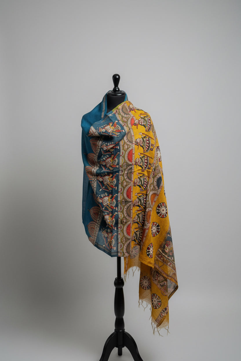 Colorful patterned Mata ni Pachhedi art hand painted scarf draped over a mannequin against a plain background