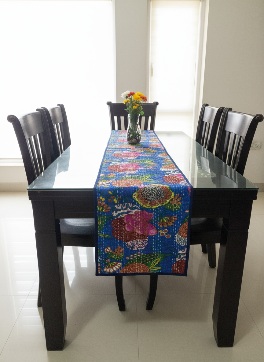 Dining table with a colorful table runner and black chairs in a room with white walls and tiled floor.