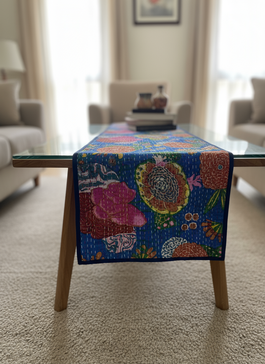 Colorful floral-patterned table runner on a glass coffee table in a living room.