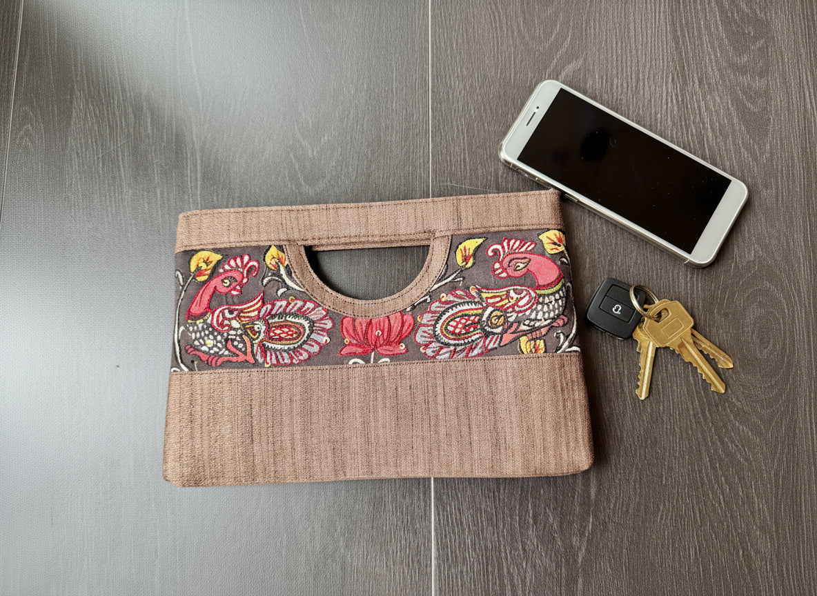 Brown raw silk hand painted Kalamkari clutch bag