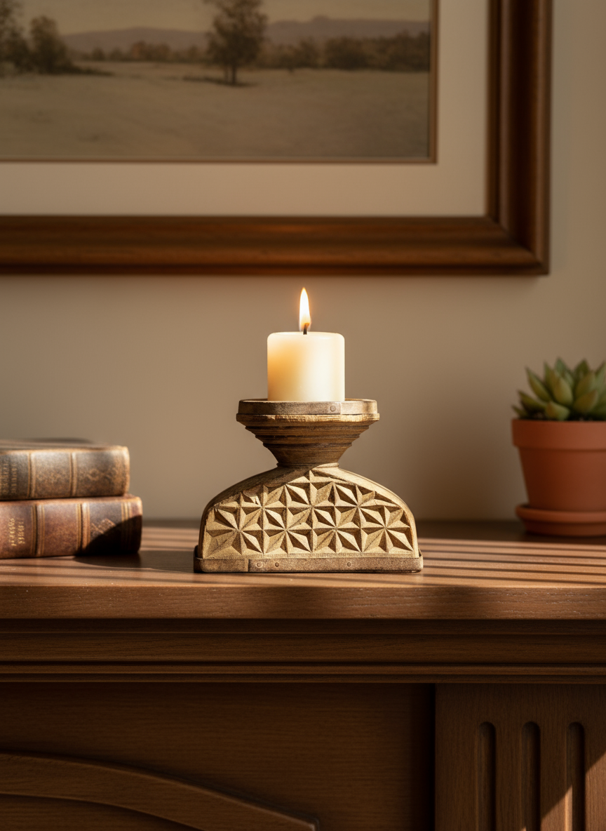 Candle in a decorative holder on a wooden surface with books and a plant in the background.