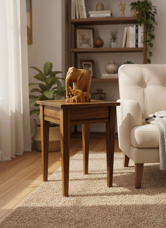 Wooden side table with decorative items and a wood elephant in a living room setting