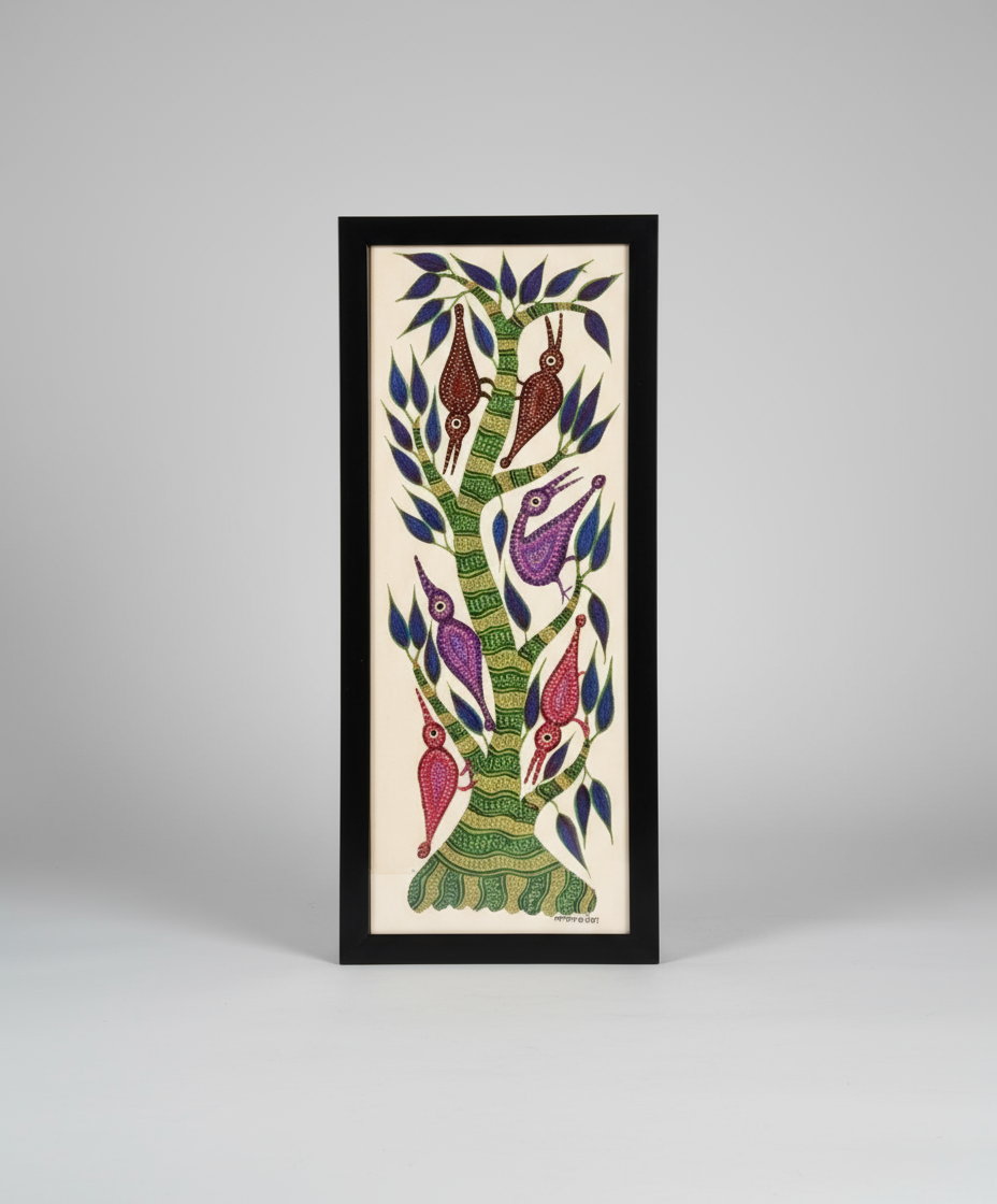 Framed artwork with colorful birds and tree design on a white background