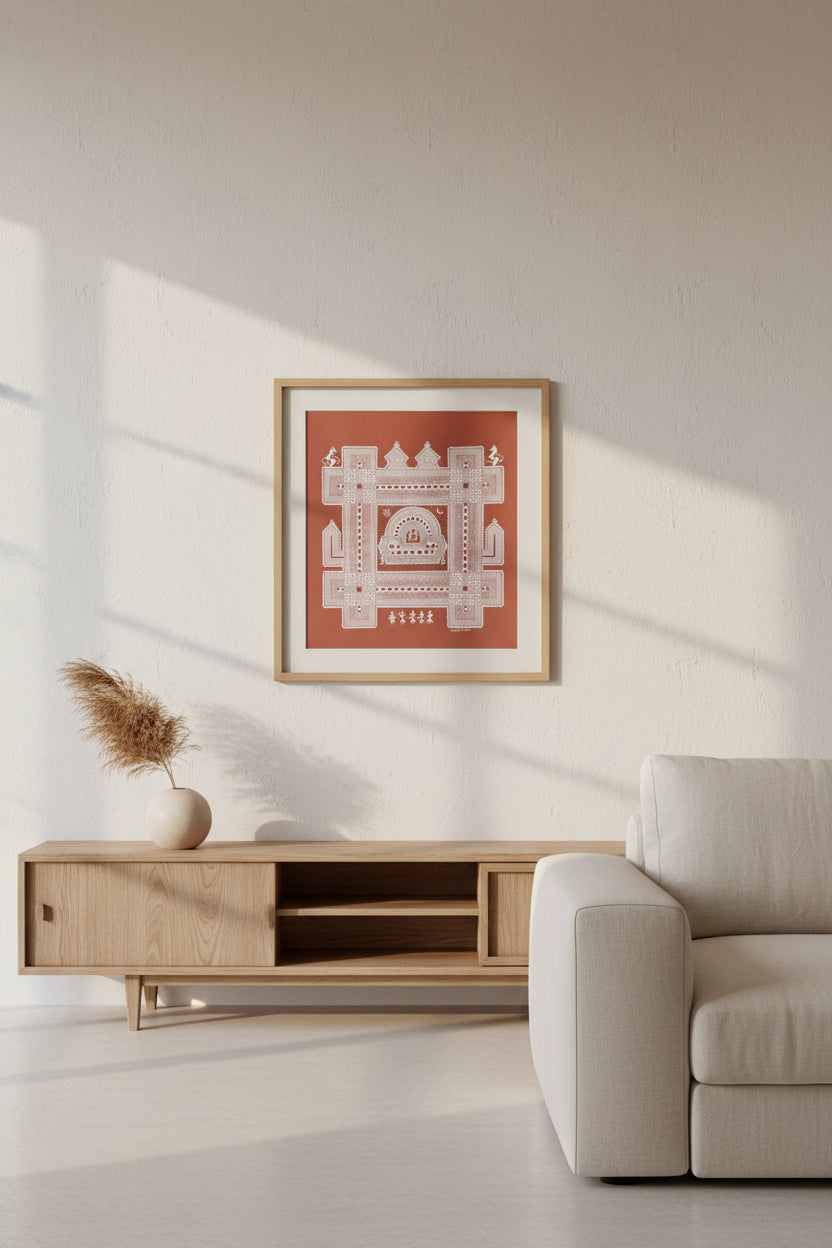 Chittara art in Hasegode style with white geometric patterns on an orange background, displayed against a dark surface.