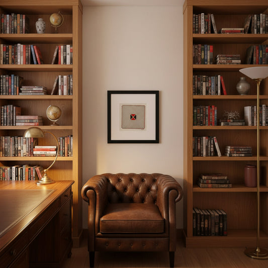 Cozy home office with bookshelves, a brown leather chair, and framed picture on the wall.