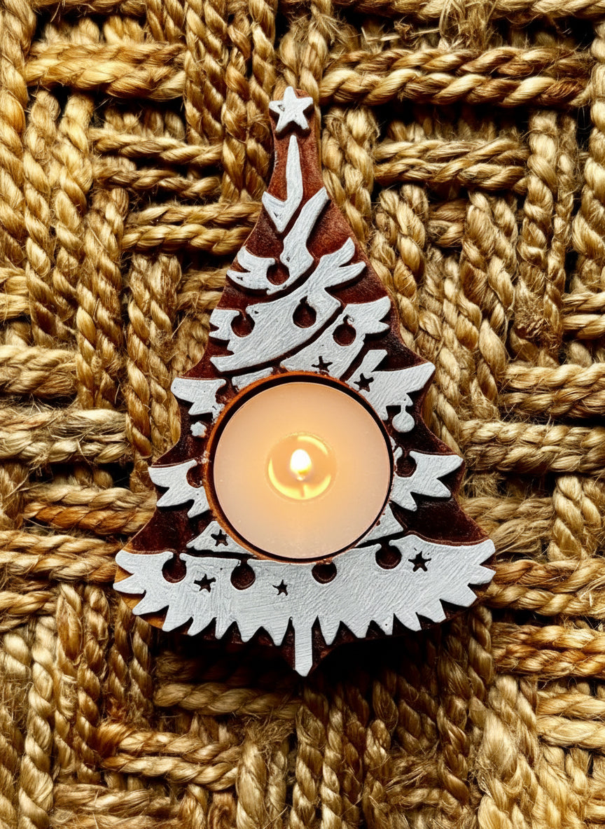 Wooden ornament with geometric design on a textured brown background