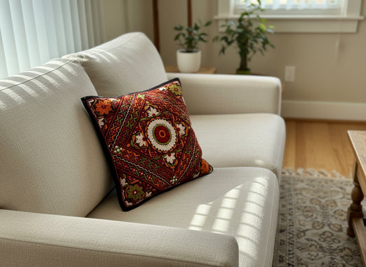 Cushion cover featuring vibrant Kutchi embroidery with intricate mirror work and colorful thread patterns on a textured fabric.
