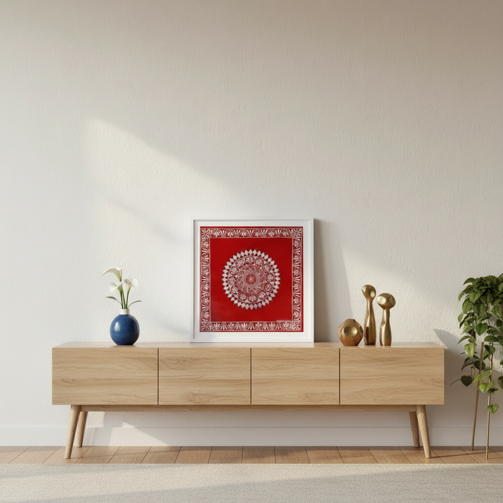 Wooden console table with decorative items against a white wall