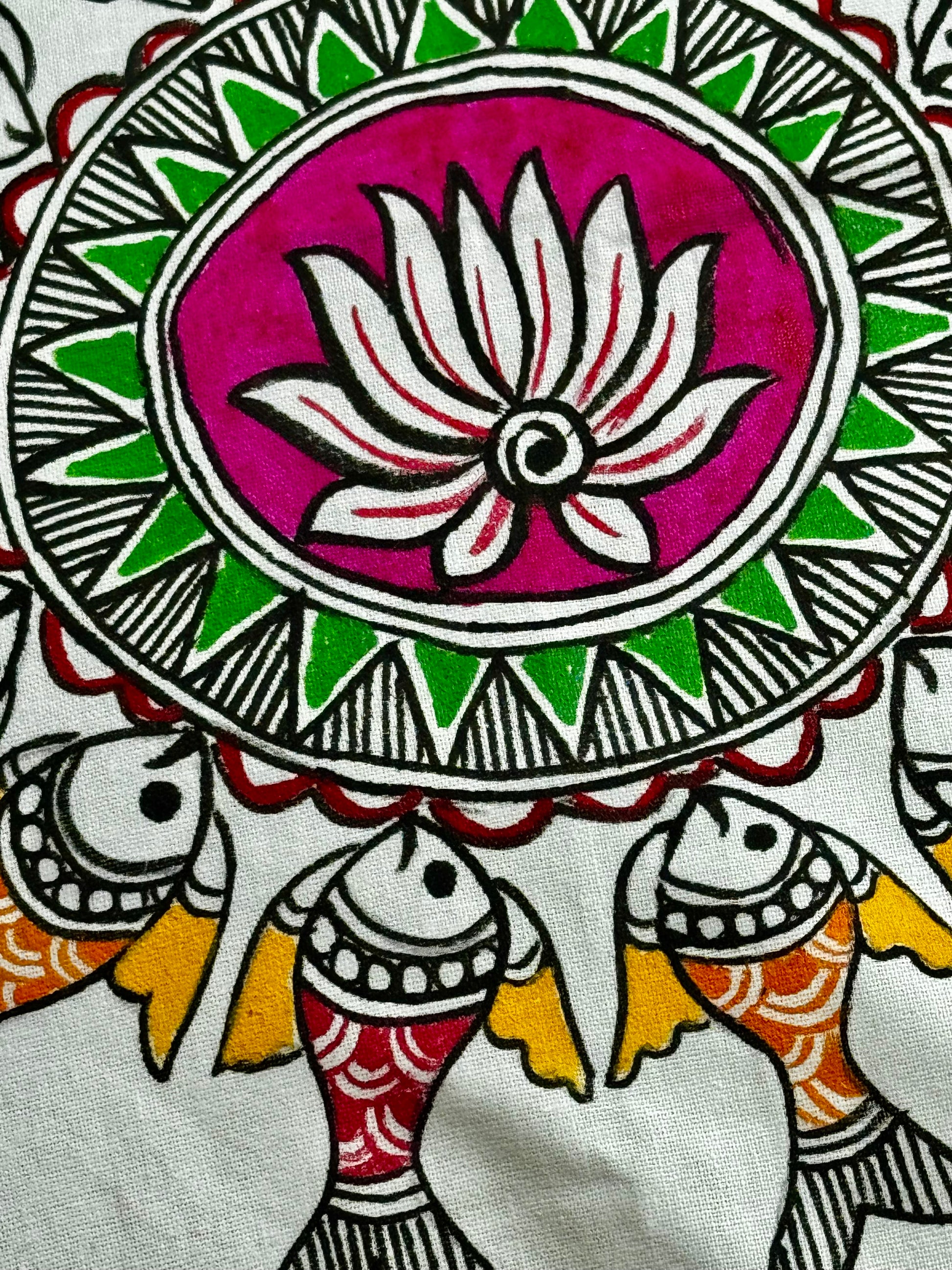 Close up of Decorative Madhubani art design with lotus flower and fish, featuring a pink lotus on a white background.