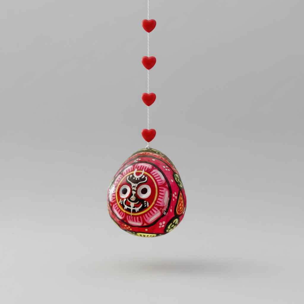 Decorative red egg with black design and heart-shaped ribbons on a gray background