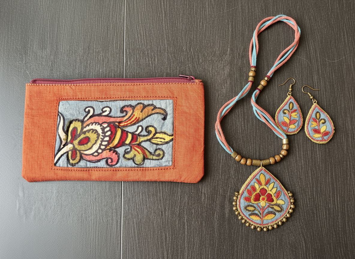 Embroidered wallet, necklace, and earrings on a wooden surface