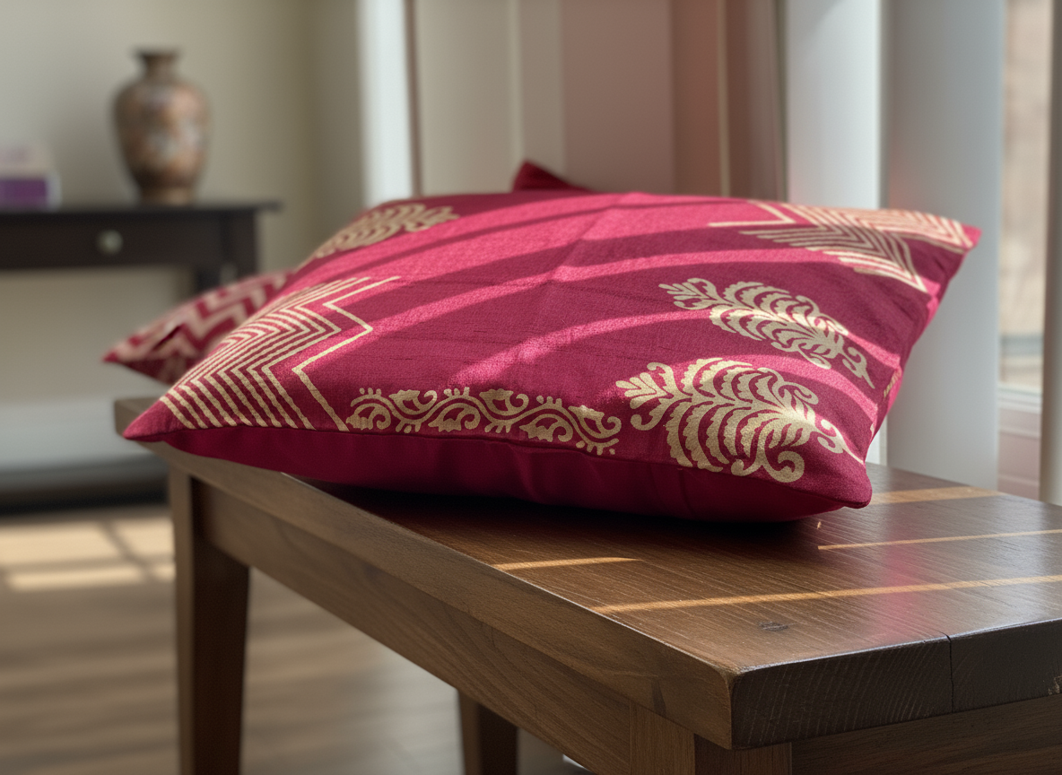 Decorative magenta pillow with gold patterns on a wooden table