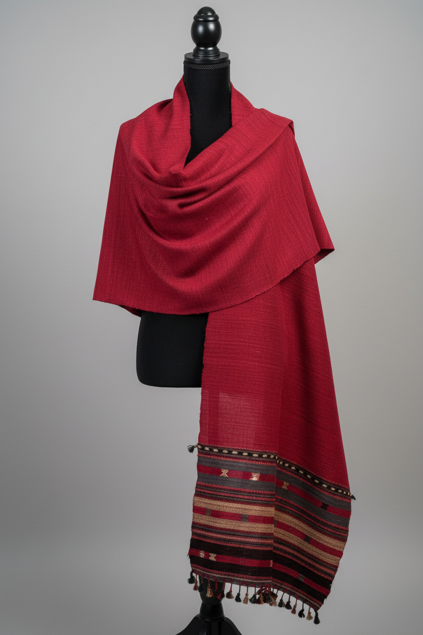 Crimson raw silk stole/scarf with patterned edge on a mannequin against a gray background